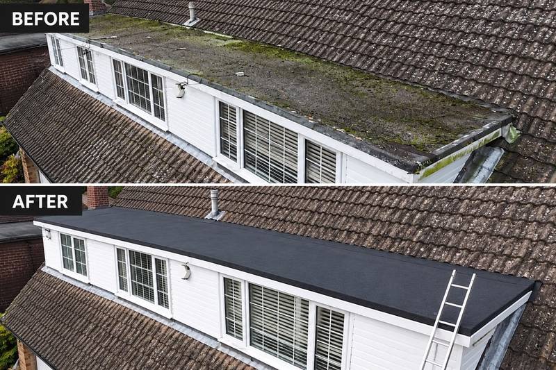 Before and after: a moss-covered dormer flat roof replaced with a new dark grey flat roof and trims