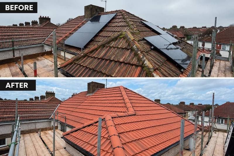 Before and after: a weathered tiled roof stripped and re-tiled in new red tiles